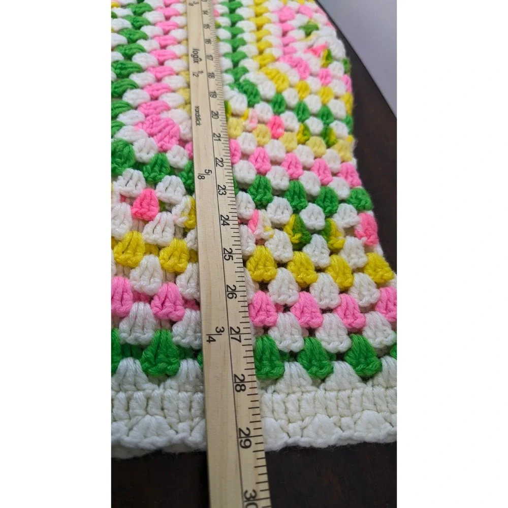 Vintage Handmade Crochet Granny Square Baby Blanket Pink Green Yellow White 29in